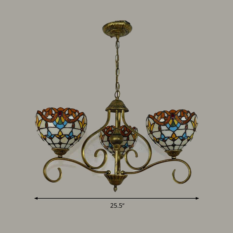 Stained Glass Tiffany Pendant Chandelier with Domed Shape - Antique Brass Finish, 3/6/8 Lights