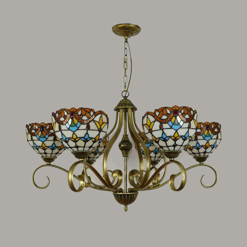 Stained Glass Tiffany Pendant Chandelier with Domed Shape - Antique Brass Finish, 3/6/8 Lights