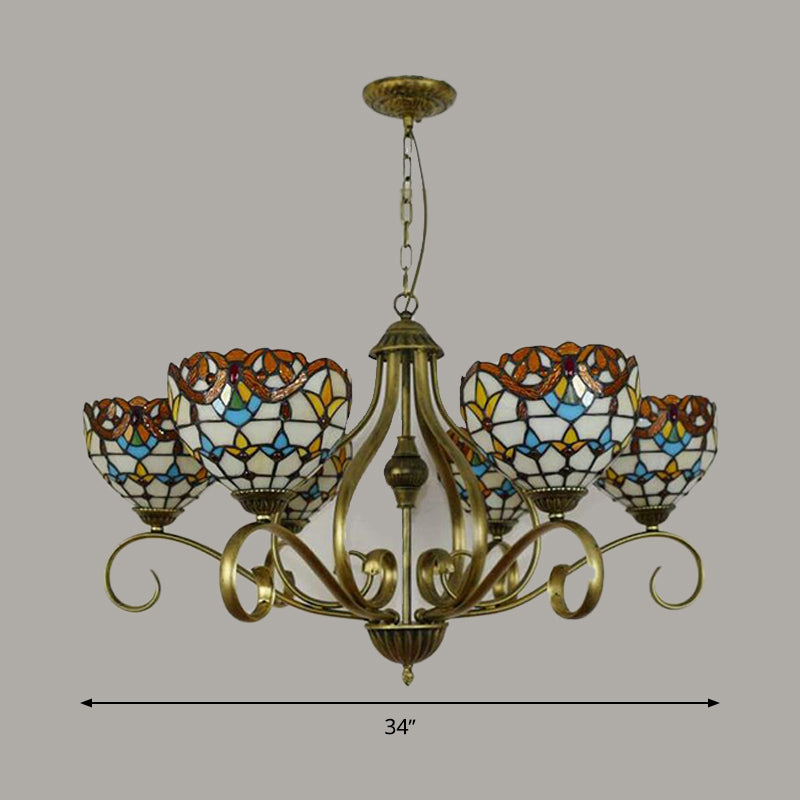 Stained Glass Tiffany Pendant Chandelier with Domed Shape - Antique Brass Finish, 3/6/8 Lights