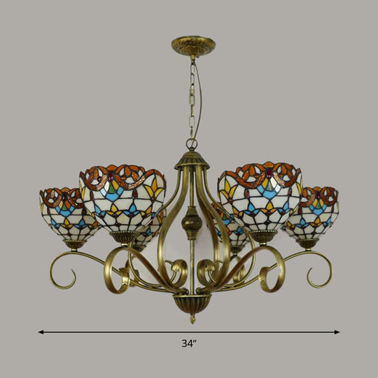 Stained Glass Tiffany Pendant Chandelier with Domed Shape - Antique Brass Finish, 3/6/8 Lights