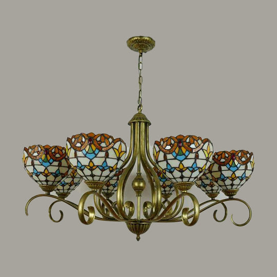 Stained Glass Tiffany Pendant Chandelier with Domed Shape - Antique Brass Finish, 3/6/8 Lights