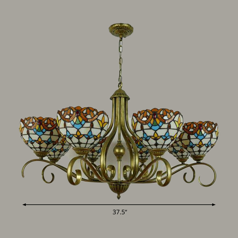 Stained Glass Tiffany Pendant Chandelier with Domed Shape - Antique Brass Finish, 3/6/8 Lights