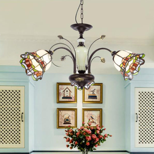 Tiffany Style Art Glass Pendant Chandelier with Floral Design & Bronze Finish for Bedroom - 3/6/8 Lights Available