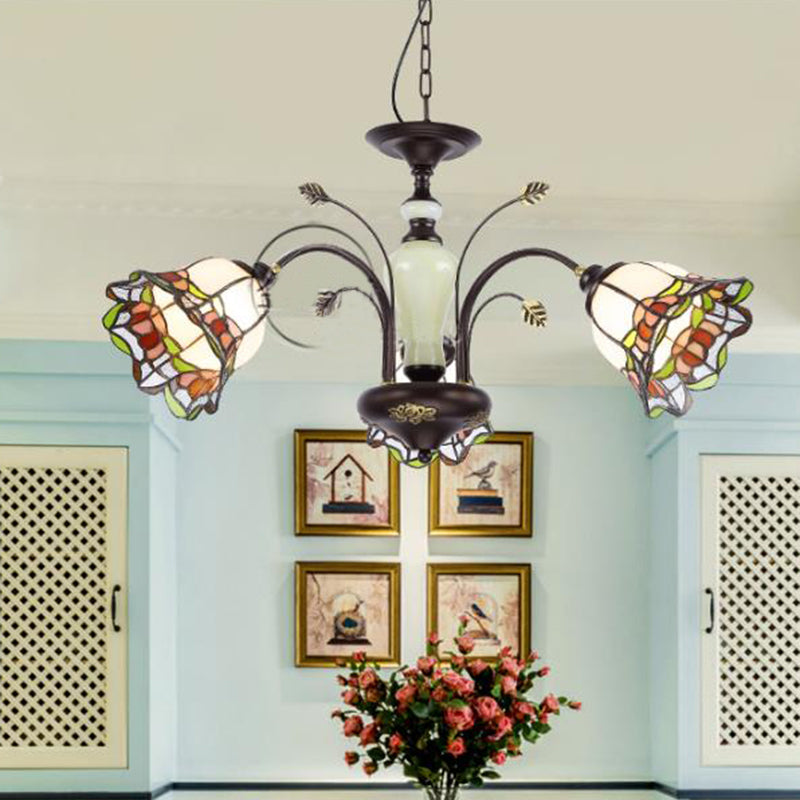 Floral Tiffany-Style Stained Art Glass Bronze Chandelier - Bedroom Pendant Light Fixture 3 /