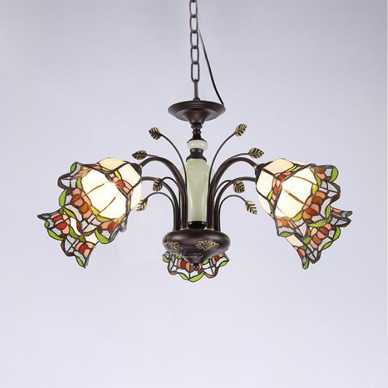 Tiffany Style Art Glass Pendant Chandelier with Floral Design & Bronze Finish for Bedroom - 3/6/8 Lights Available