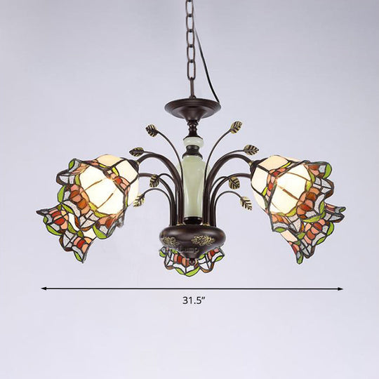 Tiffany Style Art Glass Pendant Chandelier with Floral Design & Bronze Finish for Bedroom - 3/6/8 Lights Available