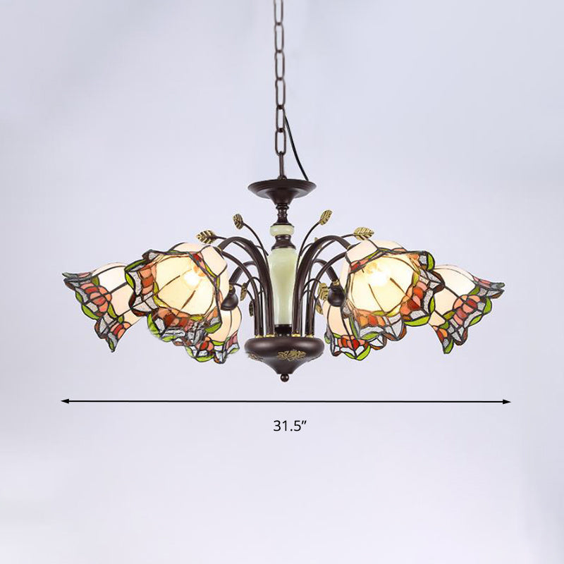 Tiffany Style Art Glass Pendant Chandelier with Floral Design & Bronze Finish for Bedroom - 3/6/8 Lights Available