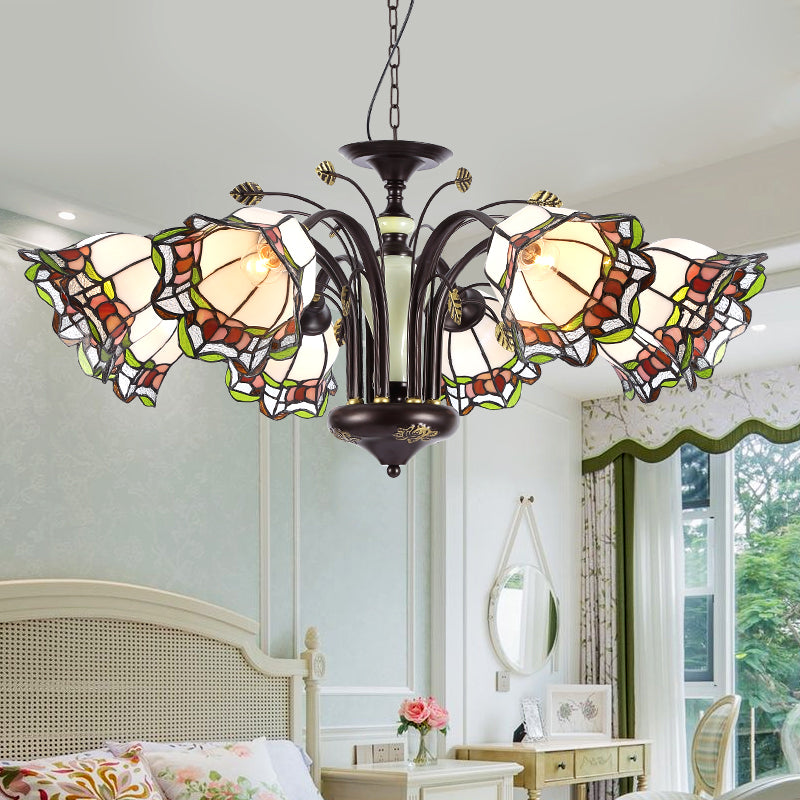 Tiffany Style Art Glass Pendant Chandelier with Floral Design & Bronze Finish for Bedroom - 3/6/8 Lights Available