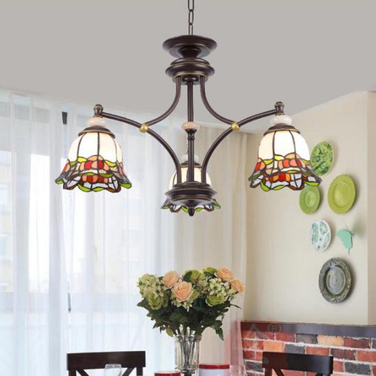 Tiffany Flower Chandelier Lamp - Stained Glass Suspension Lighting in Black (3/6/8 Lights) for Living Room