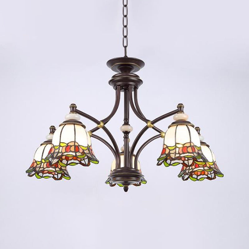 Tiffany Flower Chandelier Lamp - Stained Glass Suspension Lighting in Black (3/6/8 Lights) for Living Room