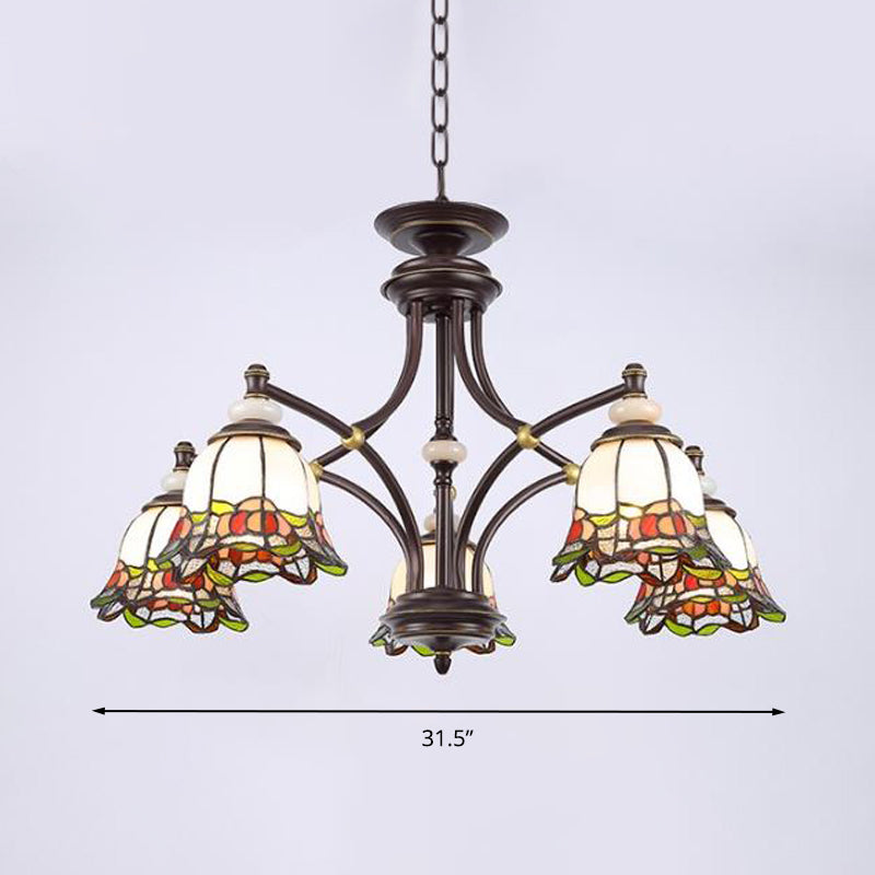 Tiffany Flower Chandelier Lamp - Stained Glass Suspension Lighting in Black (3/6/8 Lights) for Living Room