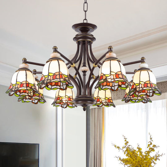 Tiffany Flower Chandelier Lamp - Stained Glass Suspension Lighting in Black (3/6/8 Lights) for Living Room