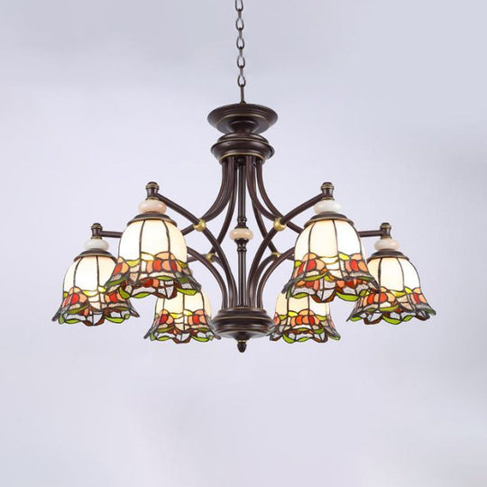 Tiffany Flower Chandelier Lamp - Stained Glass Suspension Lighting in Black (3/6/8 Lights) for Living Room