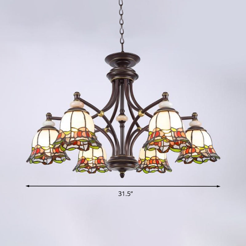 Tiffany Flower Chandelier Lamp - Stained Glass Suspension Lighting in Black (3/6/8 Lights) for Living Room