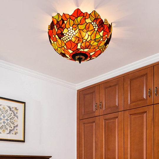 Tiffany Rose/Grape Flush Mount Lamp - Bronze Finish Stained Glass 5 Bulbs Close To Ceiling Lighting