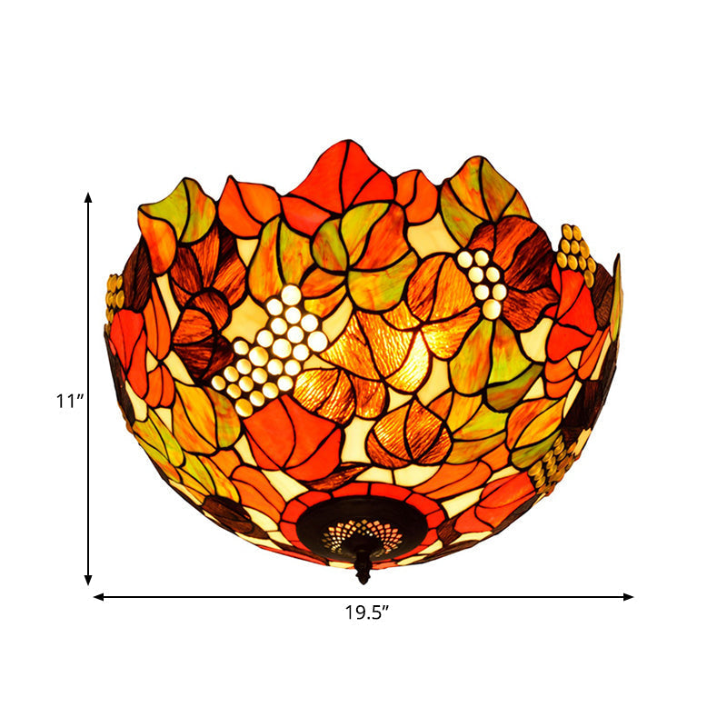 Tiffany Rose/Grape Flush Mount Lamp - Bronze Finish Stained Glass 5 Bulbs Close To Ceiling Lighting