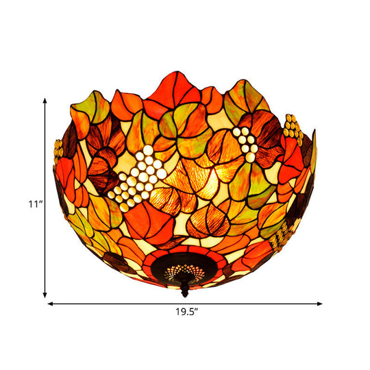 Tiffany Rose/Grape Flush Mount Lamp - Bronze Finish Stained Glass 5 Bulbs Close To Ceiling Lighting