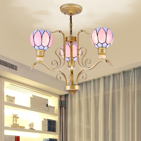 Tiffany Pink Glass Blossom Chandelier - 3/5/6 Lights for Living Room - Brass Hanging Lamp Kit