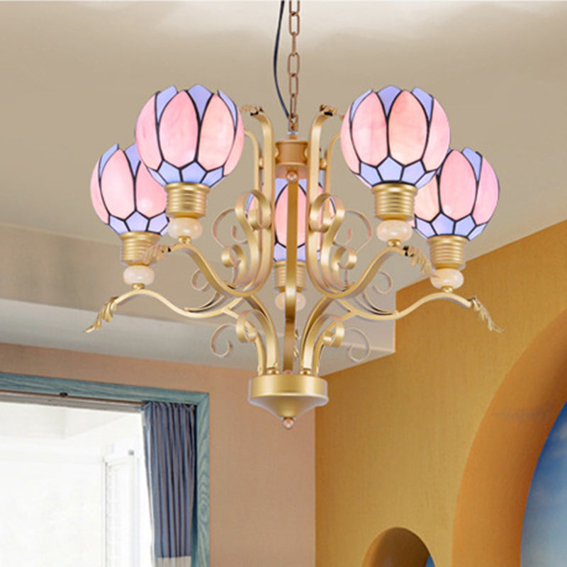 Tiffany Pink Glass Blossom Chandelier - 3/5/6 Lights for Living Room - Brass Hanging Lamp Kit