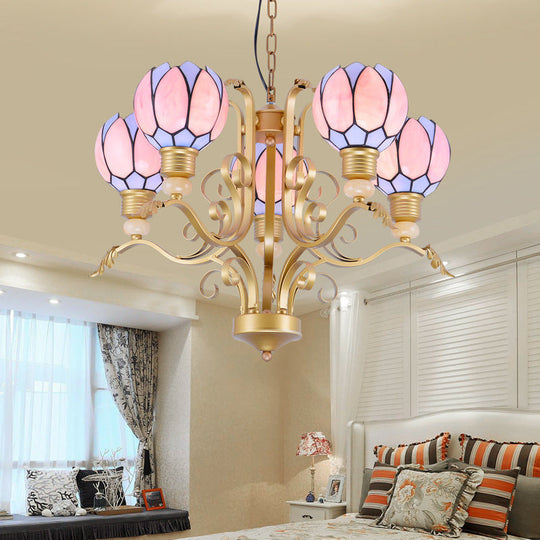 Tiffany Pink Glass Blossom Chandelier - 3/5/6 Lights for Living Room - Brass Hanging Lamp Kit