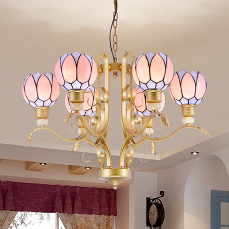 Tiffany Pink Glass Blossom Chandelier - 3/5/6 Lights for Living Room - Brass Hanging Lamp Kit