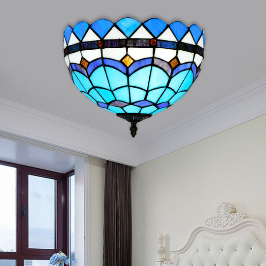 Mediterranean Hand Rolled Art Glass Bowl Flush Mount Light Fixture with Blue 2/3 Bulbs in 12"/16" W