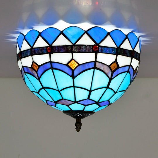 Mediterranean Hand Rolled Art Glass Bowl Flush Mount Light Fixture with Blue 2/3 Bulbs in 12"/16" W