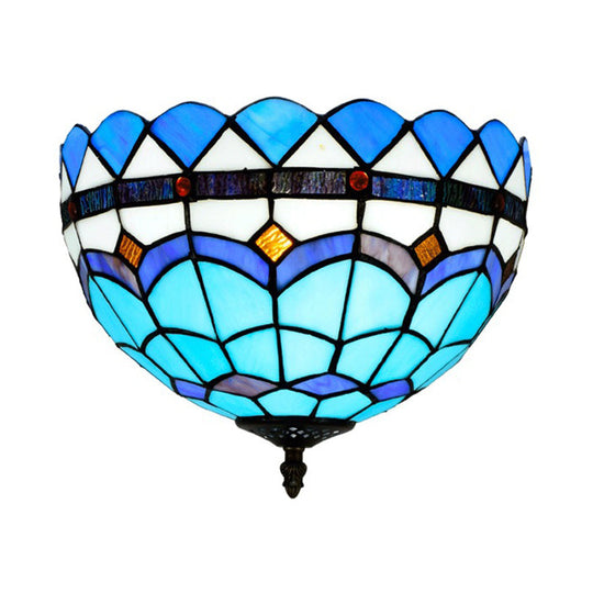 Mediterranean Hand Rolled Art Glass Bowl Flush Mount Light Fixture with Blue 2/3 Bulbs in 12"/16" W