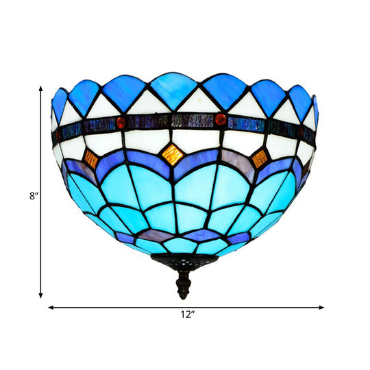 Mediterranean Hand Rolled Art Glass Bowl Flush Mount Light Fixture with Blue 2/3 Bulbs in 12"/16" W