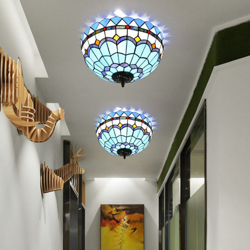 Mediterranean Hand Rolled Art Glass Bowl Flush Mount Light Fixture with Blue 2/3 Bulbs in 12"/16" W