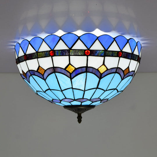 Mediterranean Hand Rolled Art Glass Bowl Flush Mount Light Fixture with Blue 2/3 Bulbs in 12"/16" W