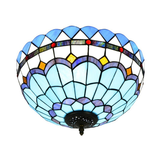 Mediterranean Hand Rolled Art Glass Bowl Flush Mount Light Fixture with Blue 2/3 Bulbs in 12"/16" W