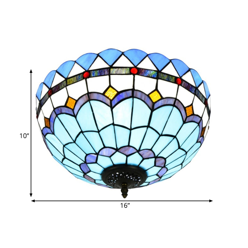 Mediterranean Hand Rolled Art Glass Bowl Flush Mount Light Fixture with Blue 2/3 Bulbs in 12"/16" W