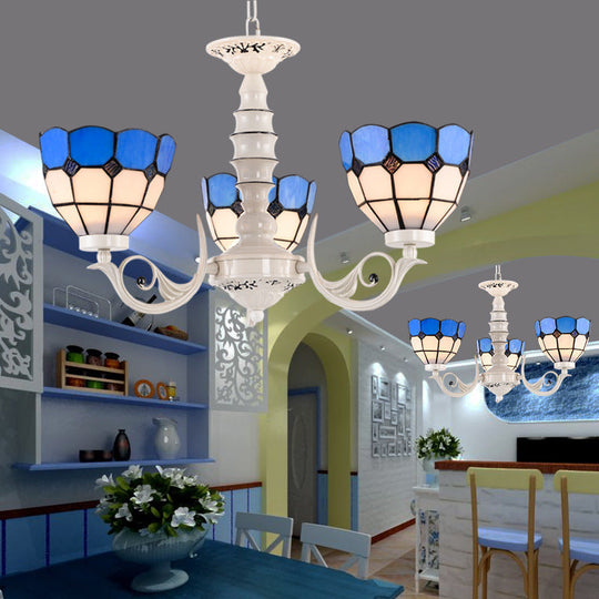 Mediterranean Dome Chandelier Light: Stained Glass Pendant Lamp In White For Living Room - 3/5/8