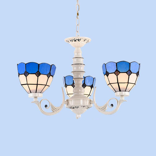 Mediterranean Stained Glass Dome Chandelier - 3/5/8 Light Pendant for Living Room in White