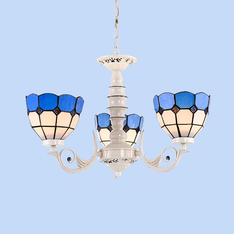 Mediterranean Dome Chandelier Light: Stained Glass Pendant Lamp In White For Living Room - 3/5/8