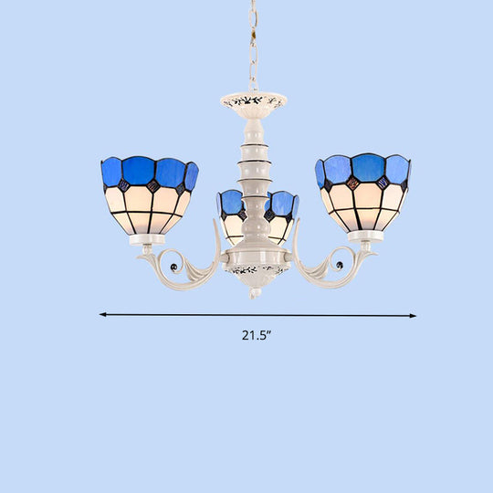 Mediterranean Dome Chandelier Light: Stained Glass Pendant Lamp In White For Living Room - 3/5/8