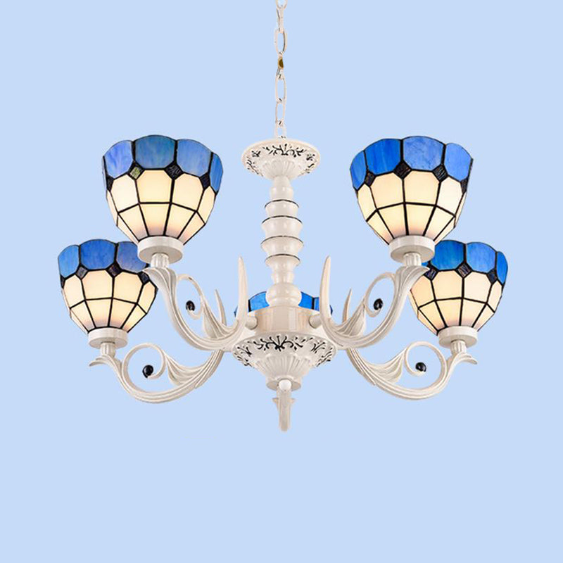 Mediterranean Stained Glass Dome Chandelier - 3/5/8 Light Pendant for Living Room in White