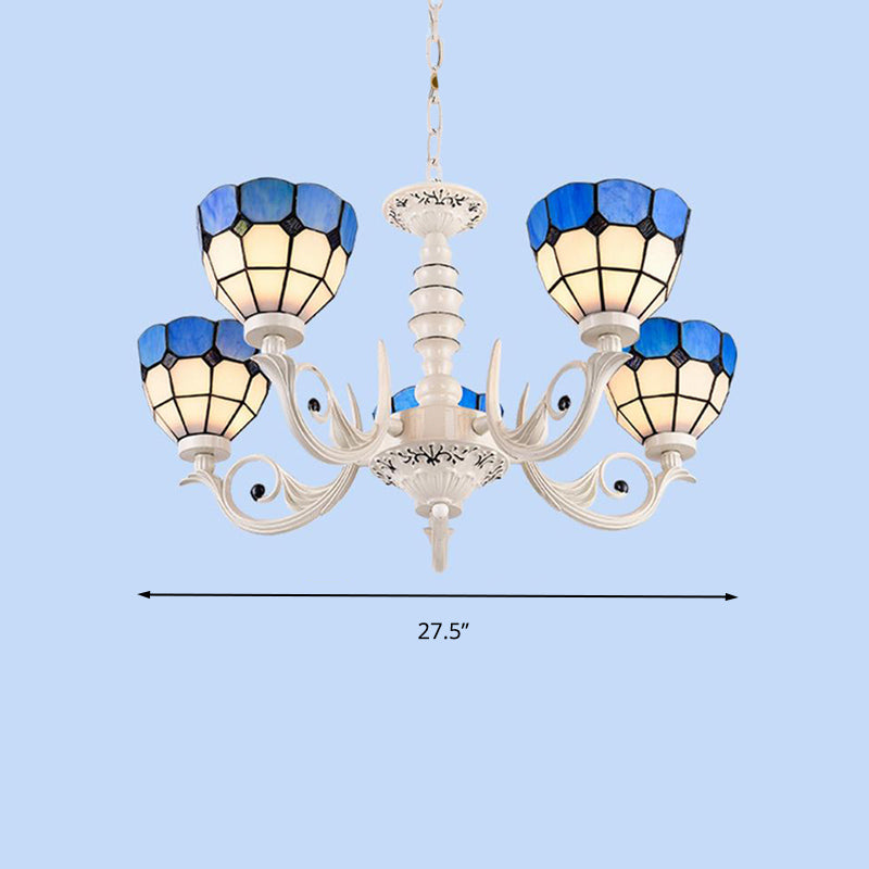 Mediterranean Dome Chandelier Light: Stained Glass Pendant Lamp In White For Living Room - 3/5/8