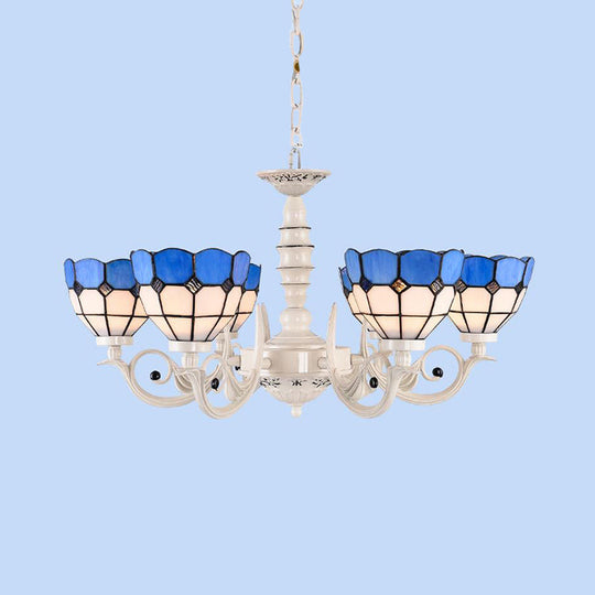 Mediterranean Stained Glass Dome Chandelier - 3/5/8 Light Pendant for Living Room in White