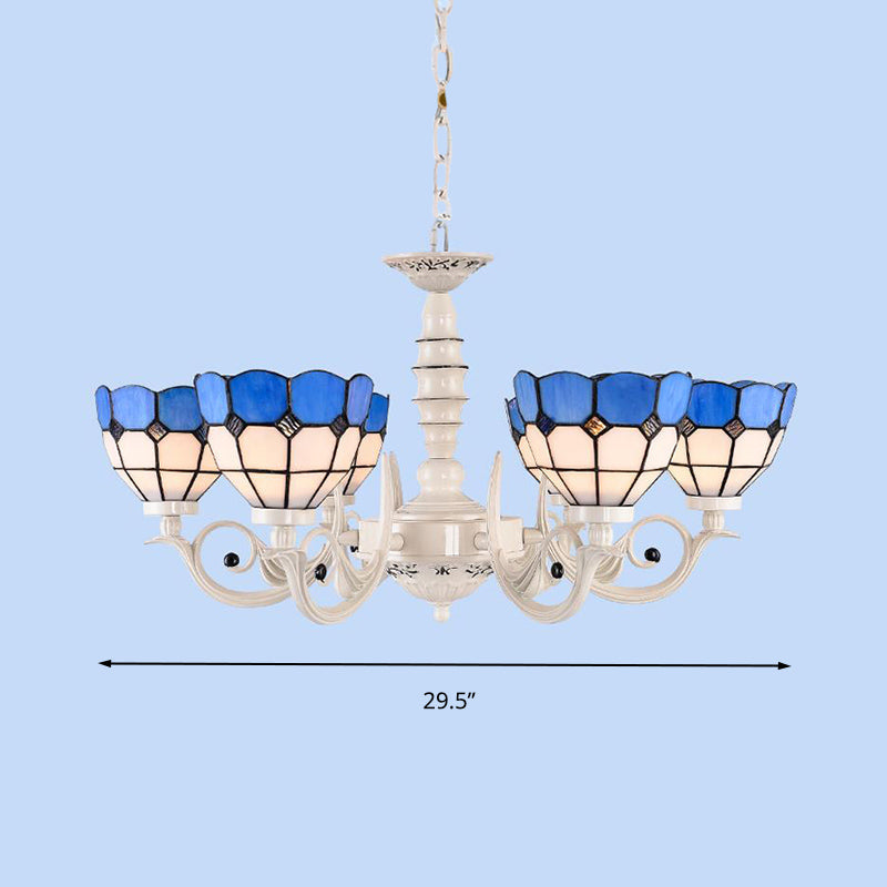 Mediterranean Stained Glass Dome Chandelier - 3/5/8 Light Pendant for Living Room in White