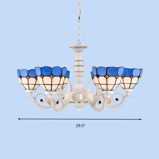 Mediterranean Stained Glass Dome Chandelier - 3/5/8 Light Pendant for Living Room in White