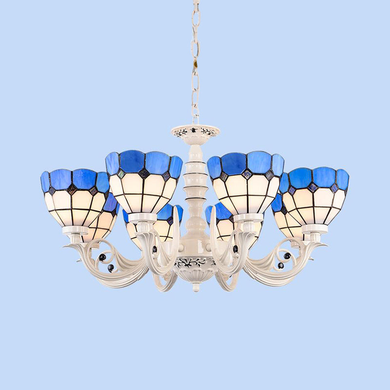 Mediterranean Dome Chandelier Light: Stained Glass Pendant Lamp In White For Living Room - 3/5/8