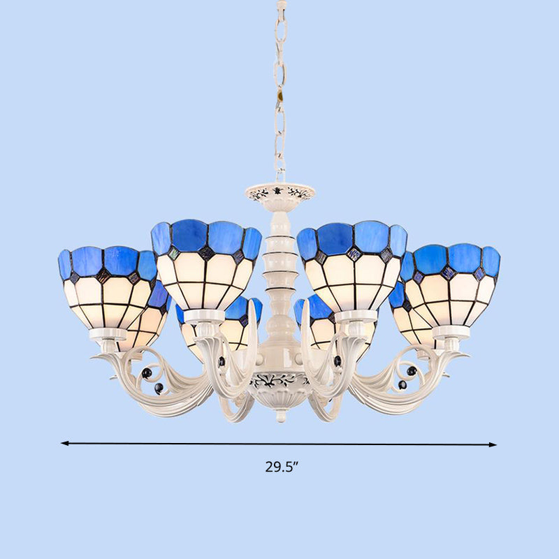 Mediterranean Stained Glass Dome Chandelier - 3/5/8 Light Pendant for Living Room in White