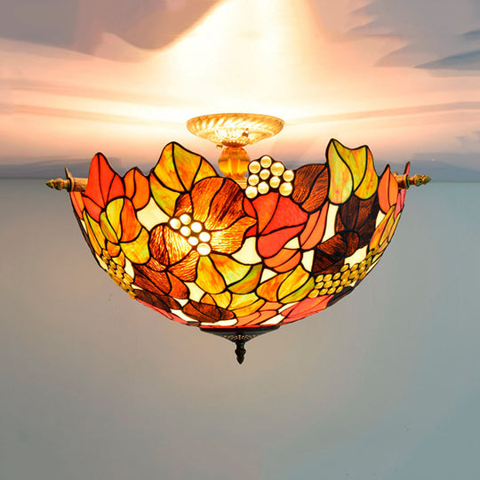 Tiffany-Style Hand Cut Glass Brass Light Fixture with 5 Grape Lights - Semi Flush Mount Ceiling Light