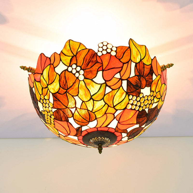 Tiffany-Style Hand Cut Glass Brass Light Fixture With 5 Grape Lights - Semi Flush Mount Ceiling