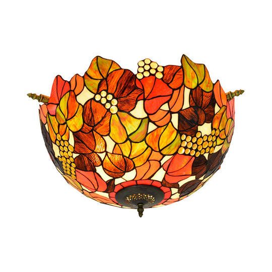 Tiffany-Style Hand Cut Glass Brass Light Fixture with 5 Grape Lights - Semi Flush Mount Ceiling Light