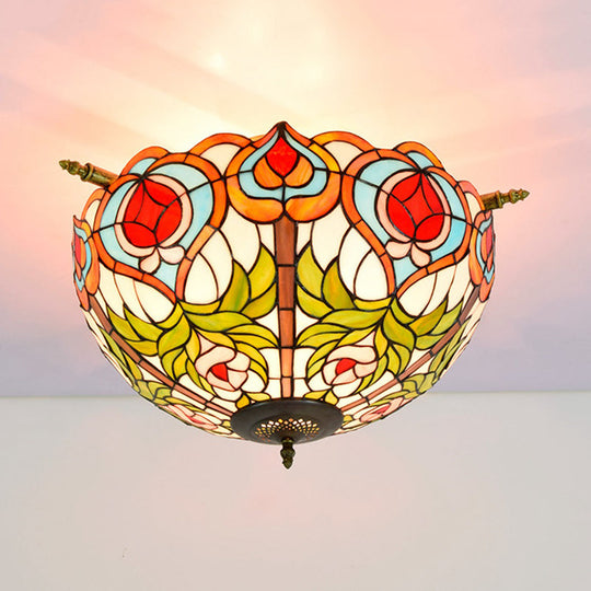 Handcrafted Victorian Blossom Stained Glass Semi Flush Mount Lamp with 5 Bulbs - Brass Ceiling Lighting