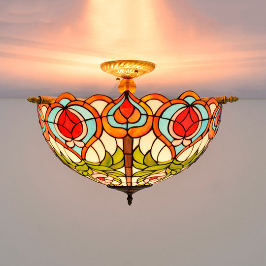 Handcrafted Victorian Blossom Stained Glass Semi Flush Mount Lamp with 5 Bulbs - Brass Ceiling Lighting