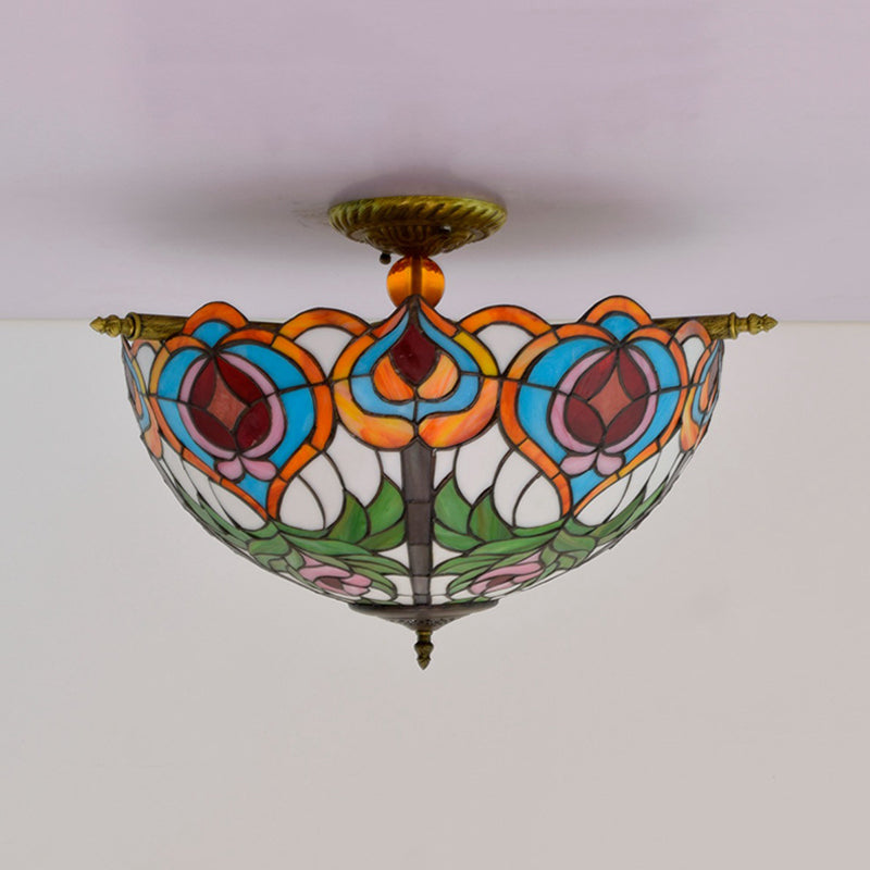 Handcrafted Victorian Blossom Stained Glass Semi Flush Mount Lamp with 5 Bulbs - Brass Ceiling Lighting